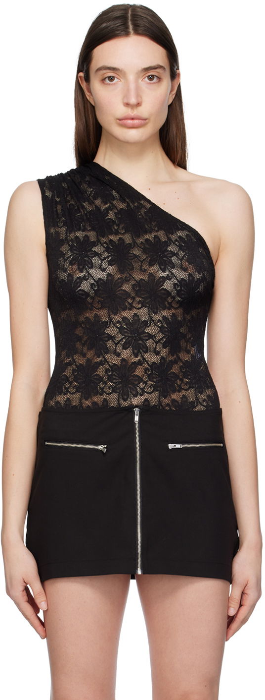Bodi Miaou Miaou Jade One Shoulder Lace Bodysuit Črna | 6005SLBLK