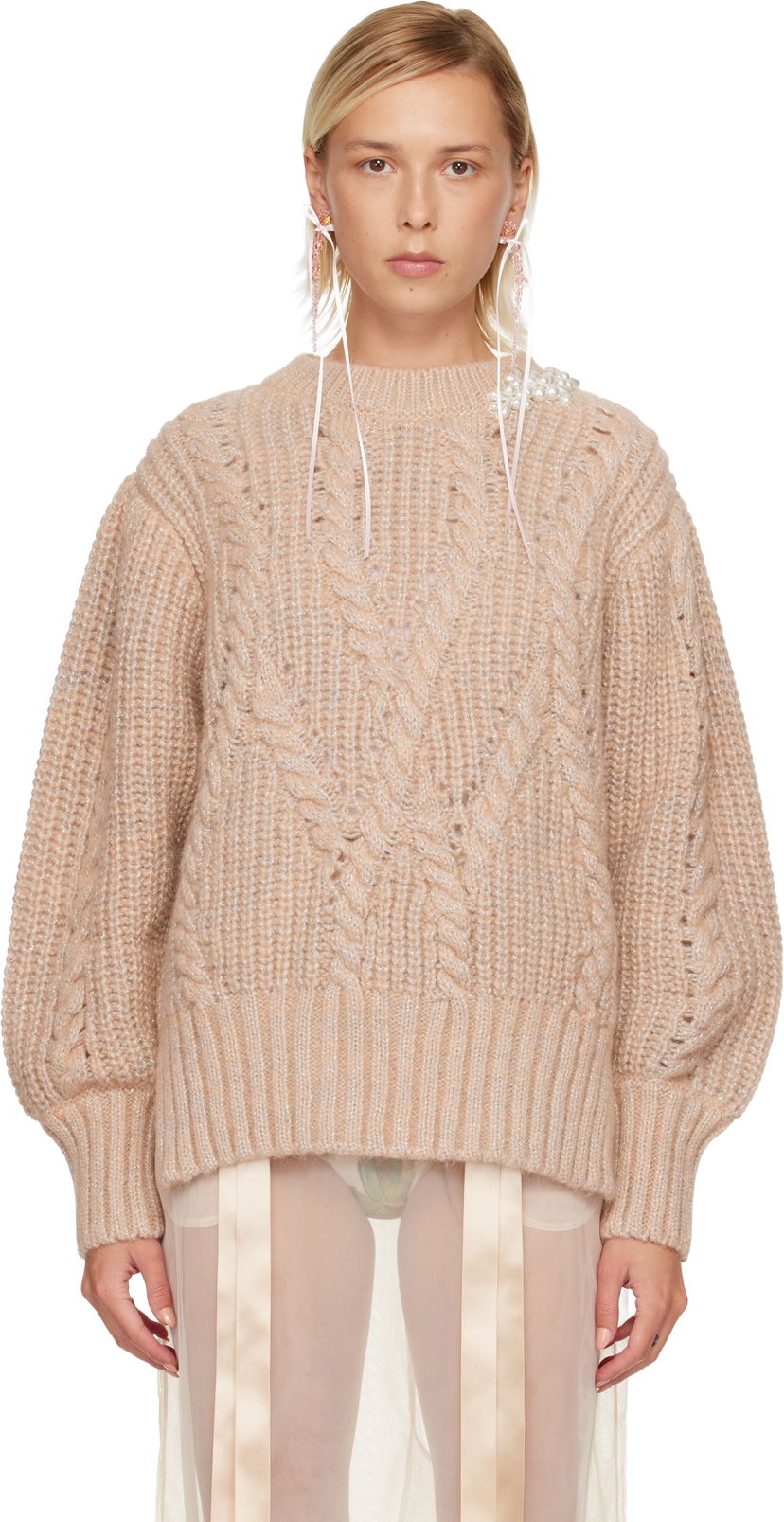 Pleteni pulover Simone Rocha Simone Rocha Embellished Puff Sleeve Chunky Knit Sweater Bež | MZMK4B 0665