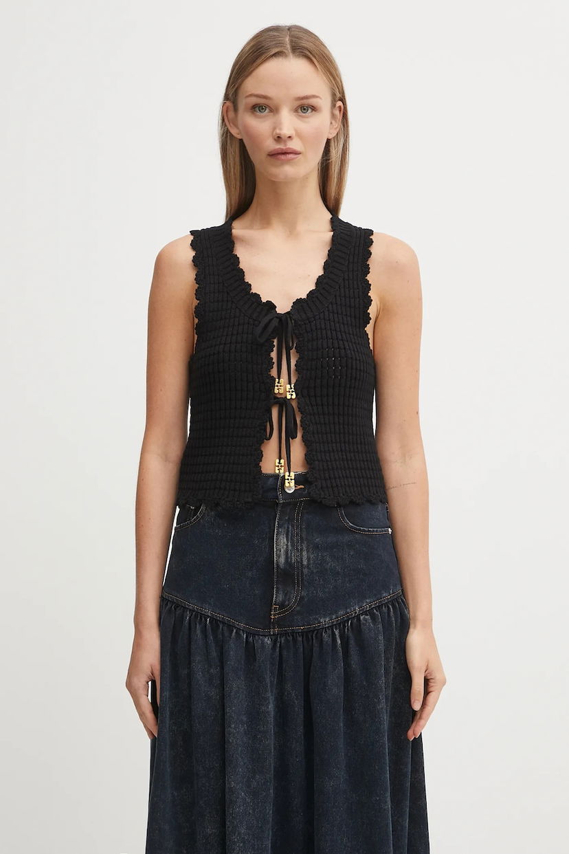 Telovnik GANNI GANNI Cotton Textured Lace Tie-Front Vest Črna | K2541