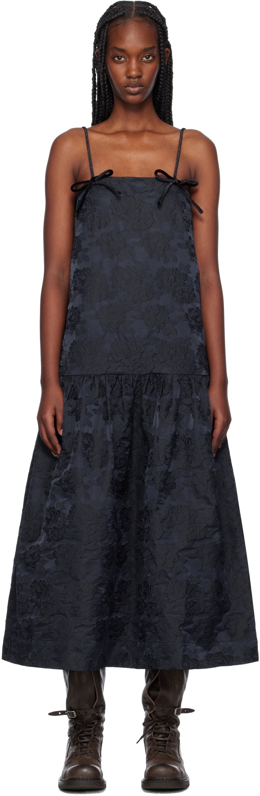 Obleke GANNI Botanical Jacquard Strap Midi Dress Črna | F9705
