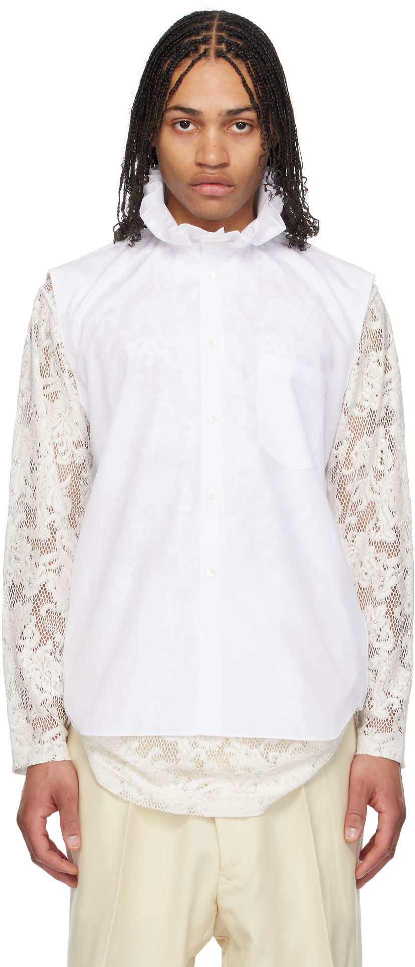 Srajce Comme des Garçons Comme des Garçons Homme Plus Cotton Sleeveless Shirt with Lace Sleeves Bela | PO-B029-051