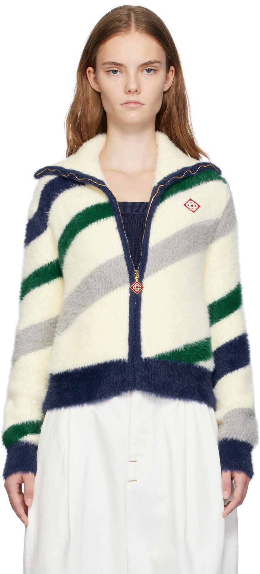 Jakna Casablanca Striped Fluffy Zip Up Jacket Bela | WF24-KW-811-01
