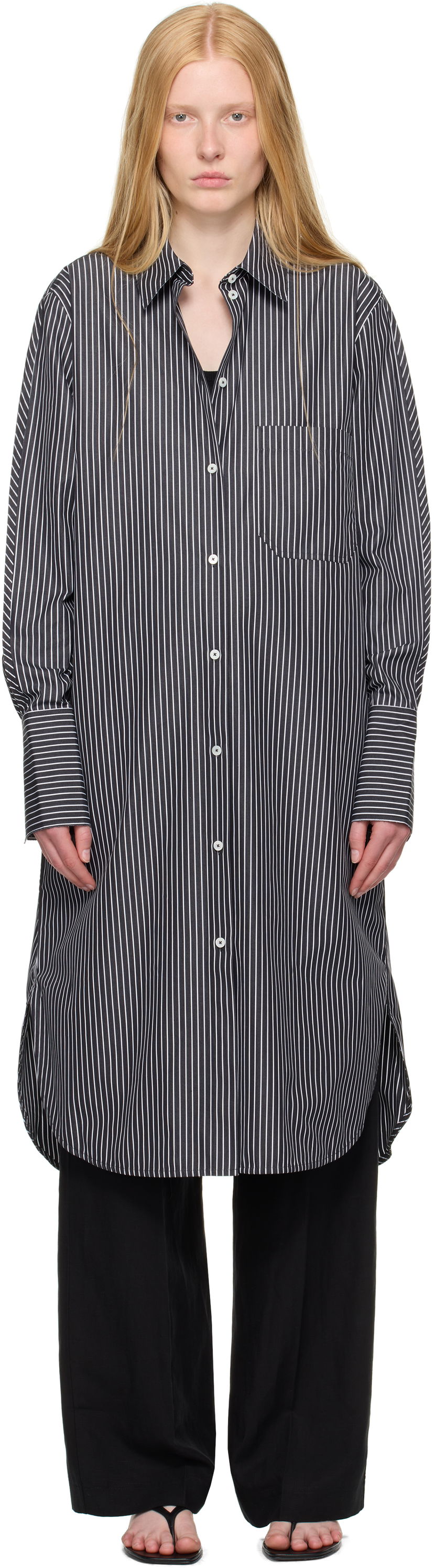 Obleke TOTEME TOTEME Striped Shirt Dress Črna | 253-WRD0201-FB0436