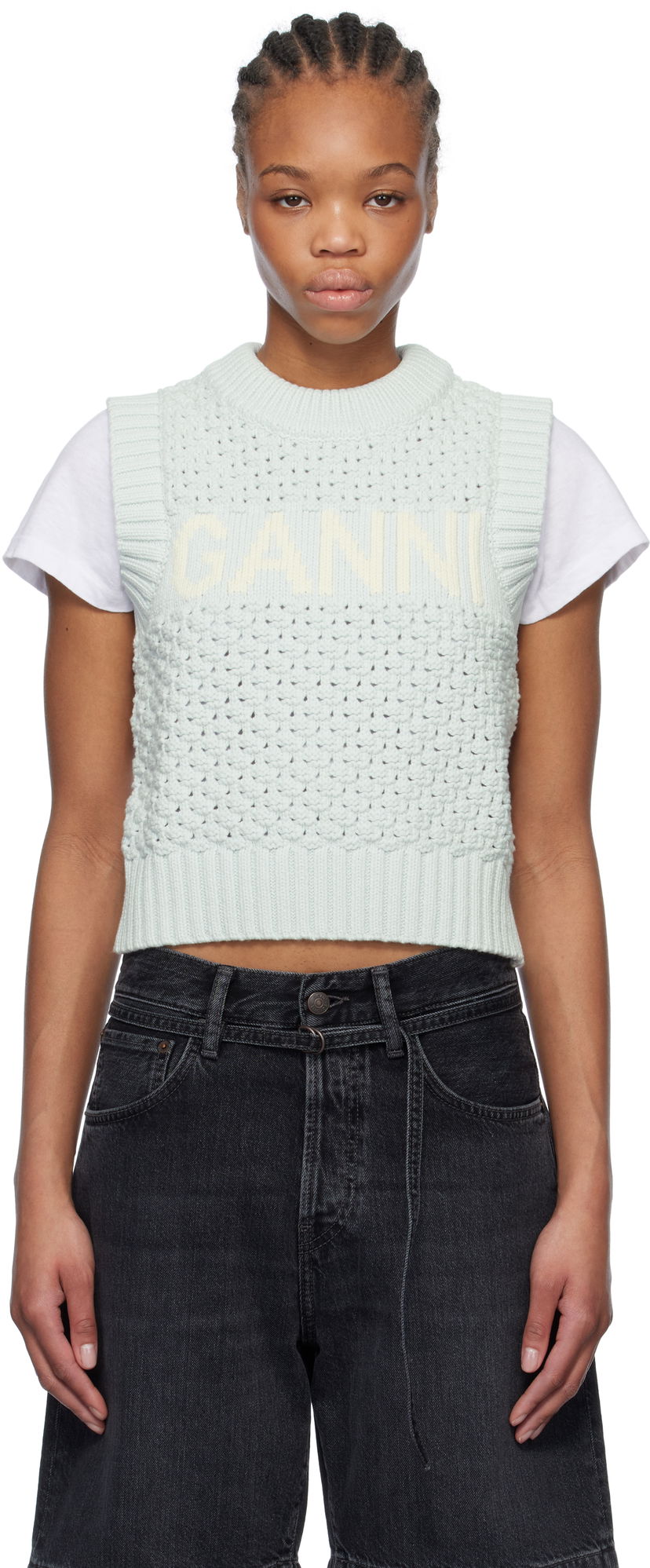 Pleteni pulover GANNI GANNI Textured Cotton Knit Vest Zelena | K2348
