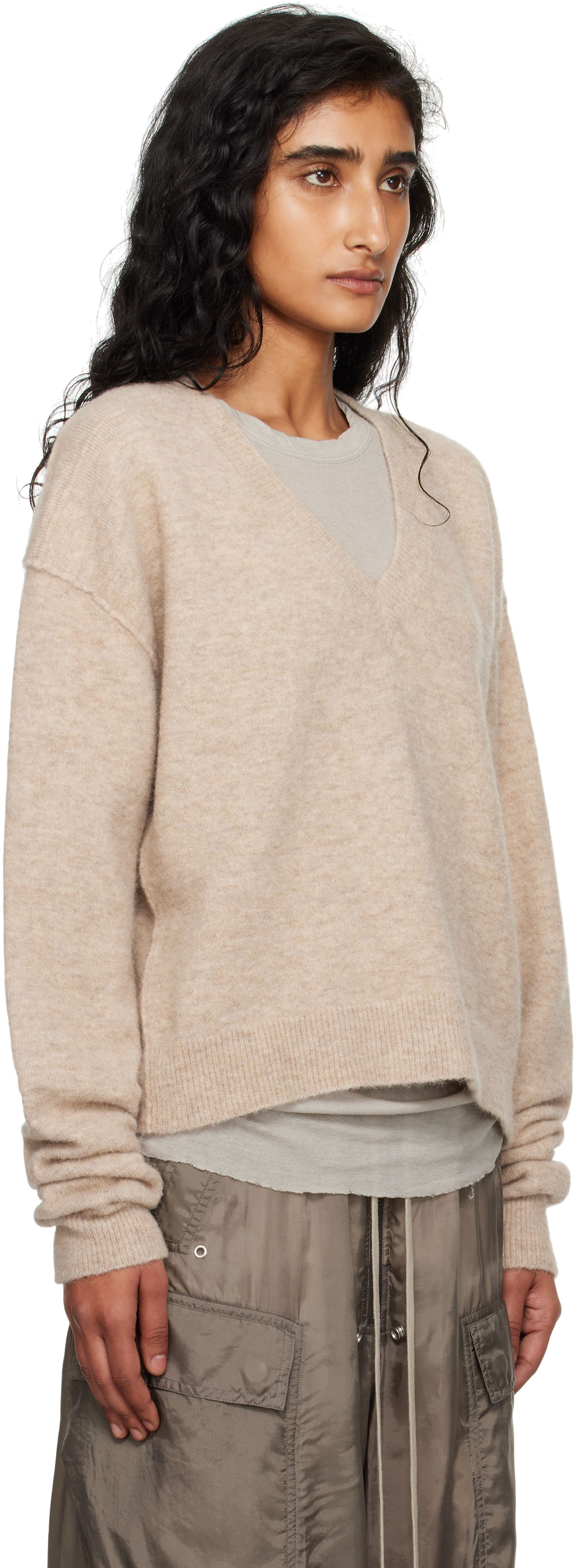 Pleteni pulover Rick Owens Rick Owens Tommy V-Neck Sweater Bež | RP02E4650 KWP, 1