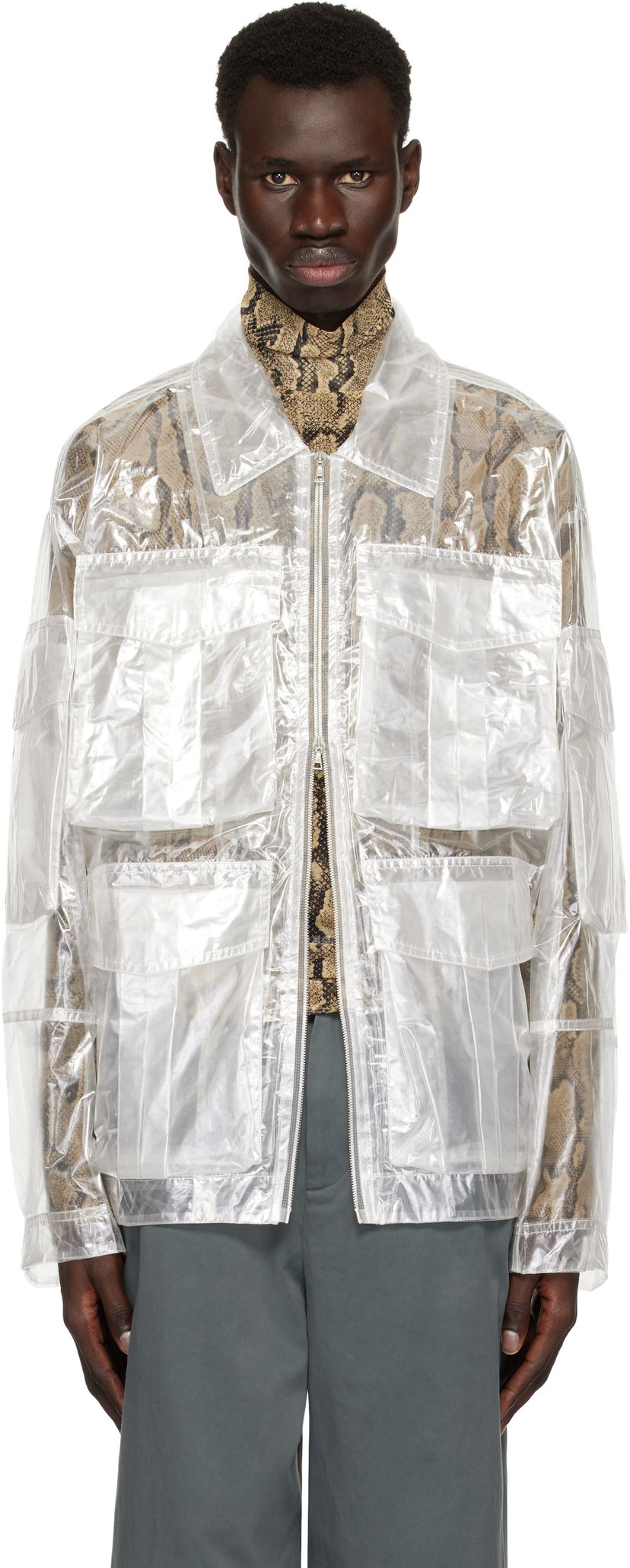 Plašči Dries Van Noten Dries Van Noten Transparent Nylon Patch Pocket Jacket Bela | 251-020529-1257