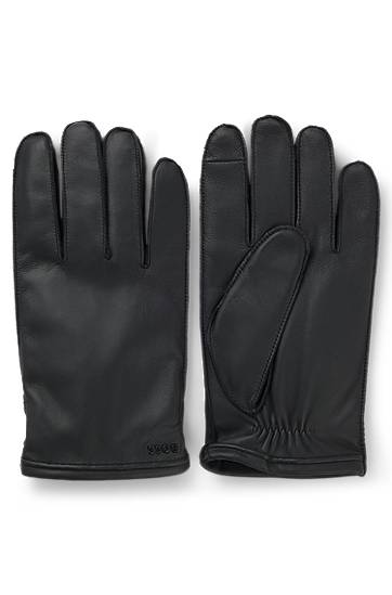 Rokavice BOSS Grained-leather gloves with wool lining and touchscreen compatibility Črna | 50526680, 0
