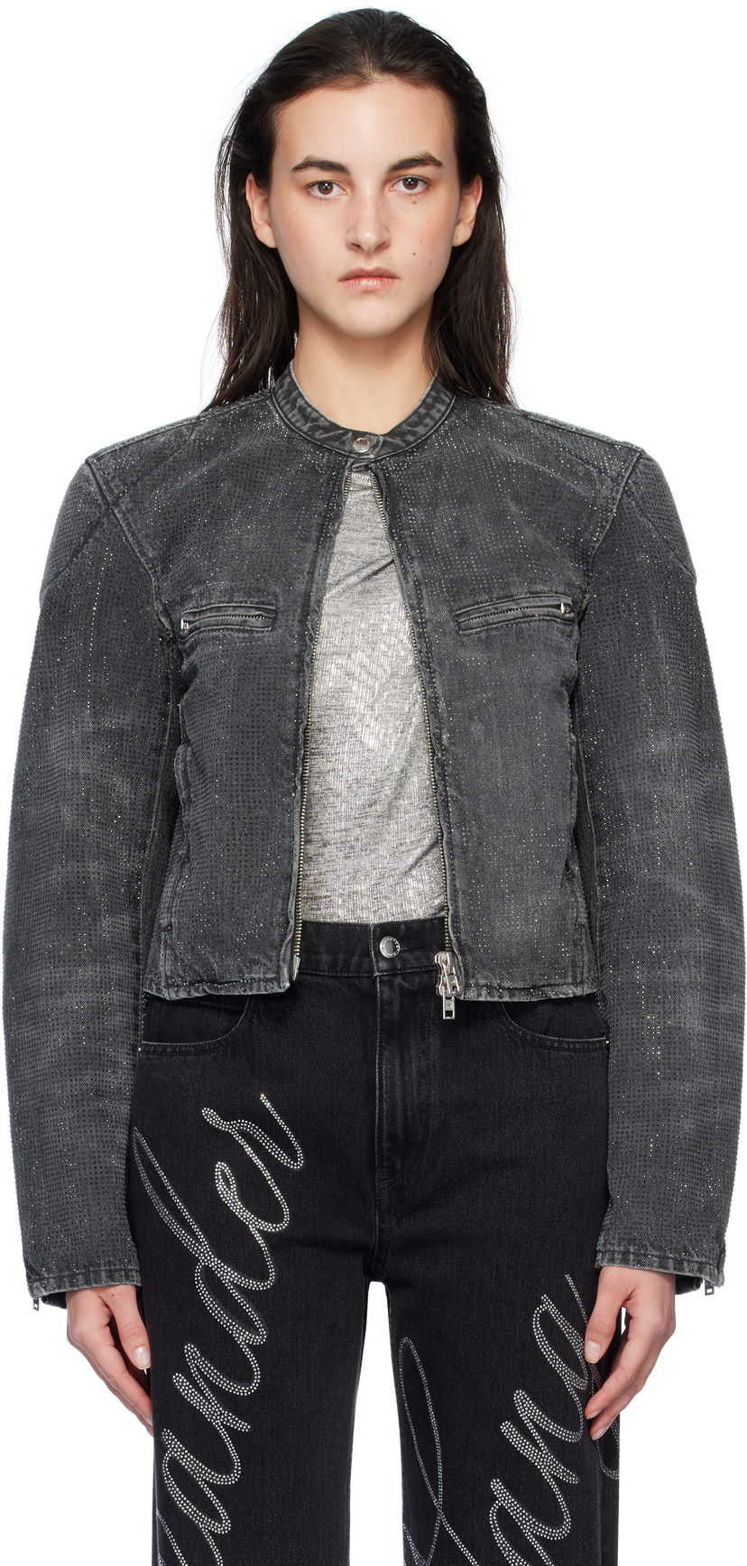 Bomber jakna Alexander Wang Crystal Embellished Moto Jacket Črna | 1WC4242492