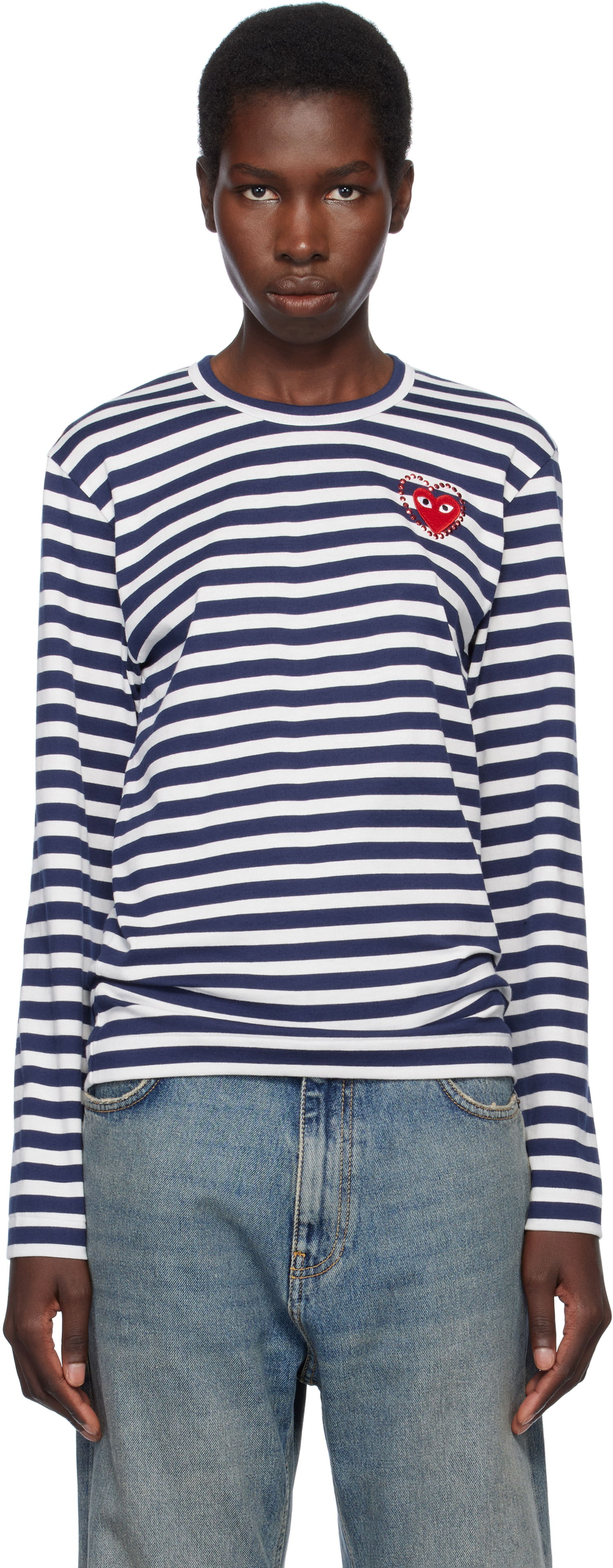 Pleteni pulover Comme des Garçons COMME des GARÇONS PLAY Striped Long Sleeve T-Shirt with Red Heart Emblem Mornarica | AX-T806-051, 0