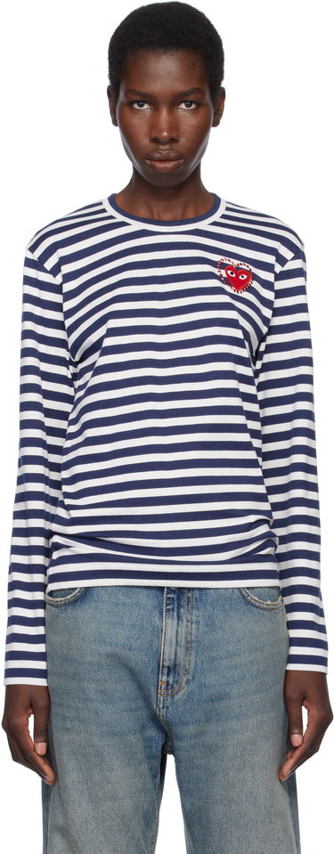 Pleteni pulover Comme des Garçons COMME des GARÇONS PLAY Striped Long Sleeve T-Shirt with Red Heart Emblem Mornarica | AX-T806-051, 0