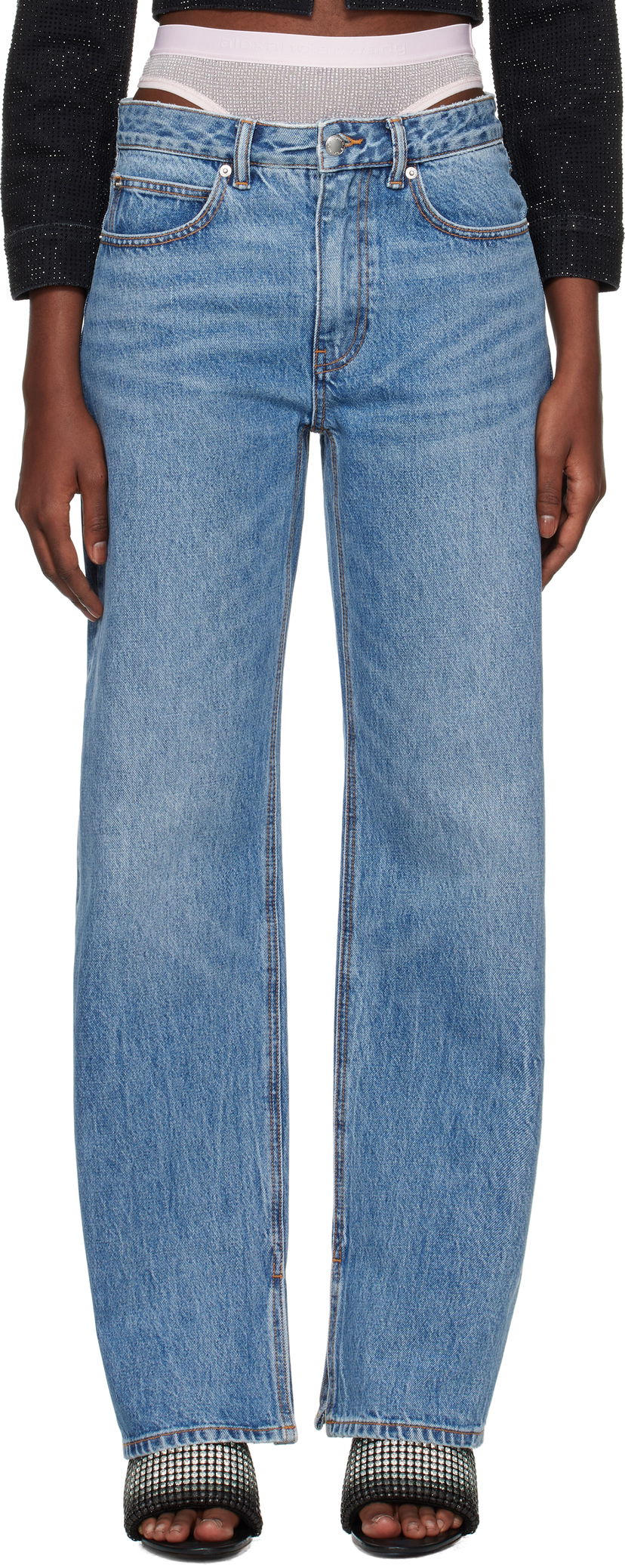 Kavbojke Alexander Wang Straight-Leg Slit-Hem Jeans Modra | 4DC4244440