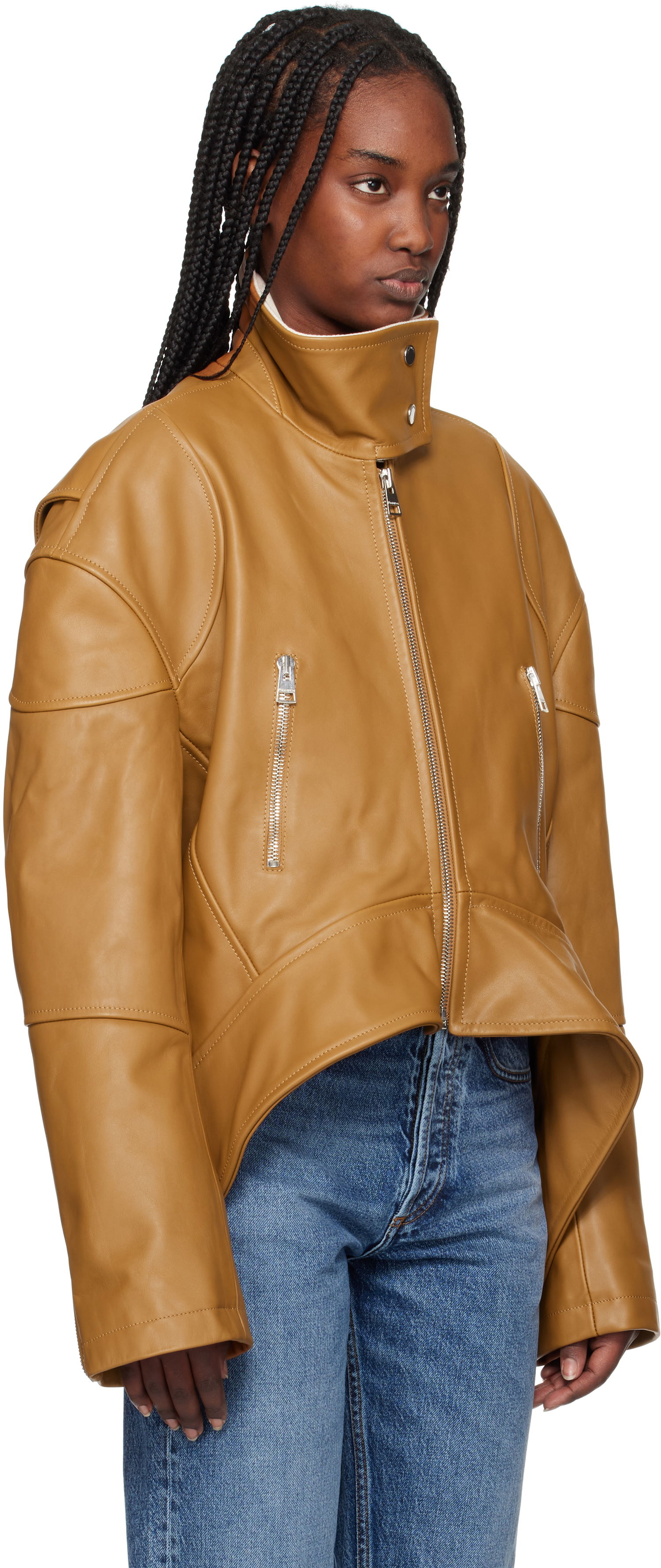 Jakna JW Anderson JW Anderson Curved Hem High Neck Leather Jacket Rjava | LJ0046-LT0117, 1