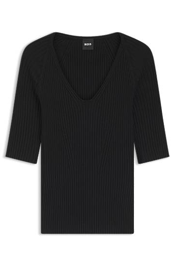Majica BOSS Structured Ribbed V-neck Elbow-Sleeve Top Črna | 50542881