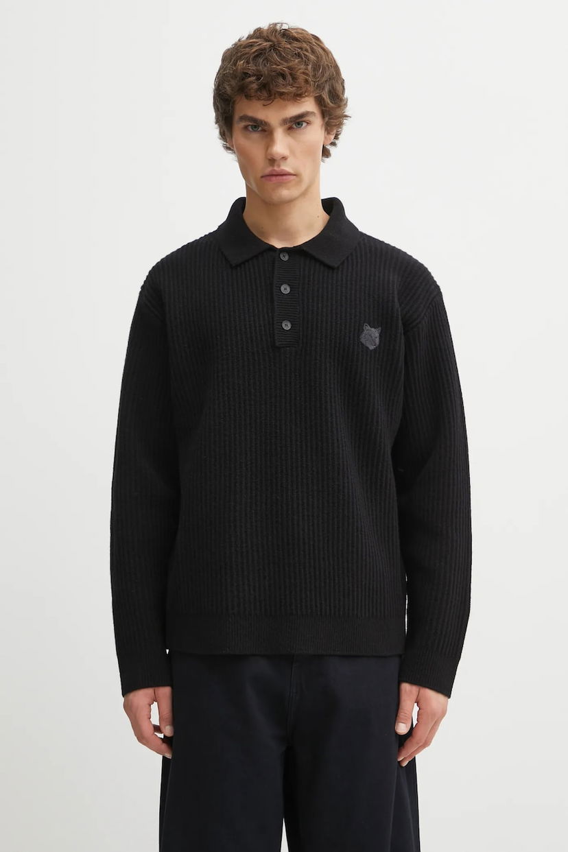 Polo majica MAISON KITSUNÉ Fox Head Wool Ribbed Polo Črna | PM00213KT1149
