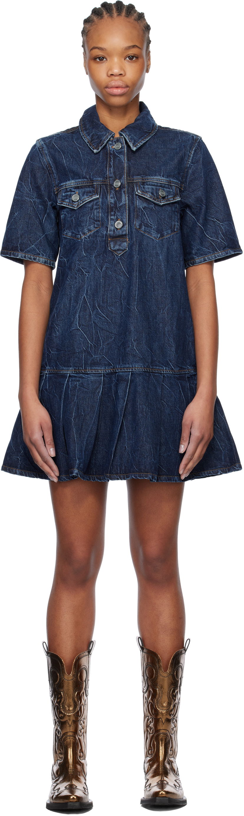 Obleke GANNI Ganni Crinkled Future Denim Mini Dress Modra | J1594