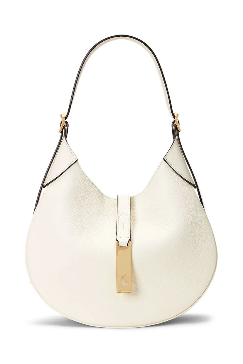 Torbica Polo by Ralph Lauren Pebbled Leather Hobo Bag with Gold-Tone Bar Detail Bela | 428944016