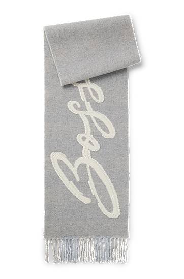 Šala BOSS Wool-blend Scarf with Script Logo and Fringes Siva | 50558654