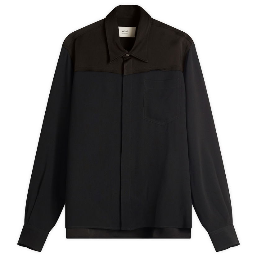 Srajce AMI AMI Paris Mixed Material Long Sleeves Shirt Črna | HSH020-AC0014-001