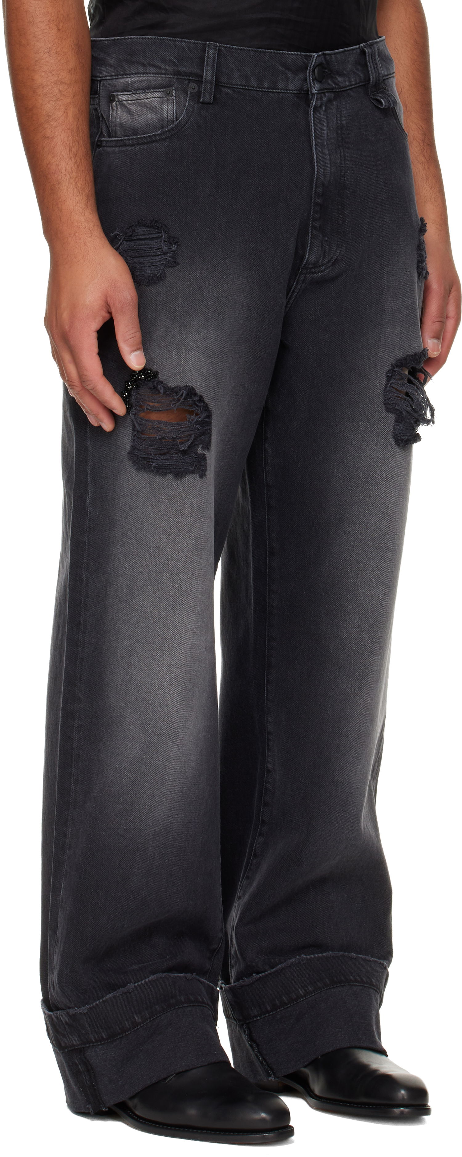 Kavbojke Simone Rocha Simone Rocha Embellished Distressed Wide-Leg Cuffed Jeans Črna | 4161B 1239D, 1