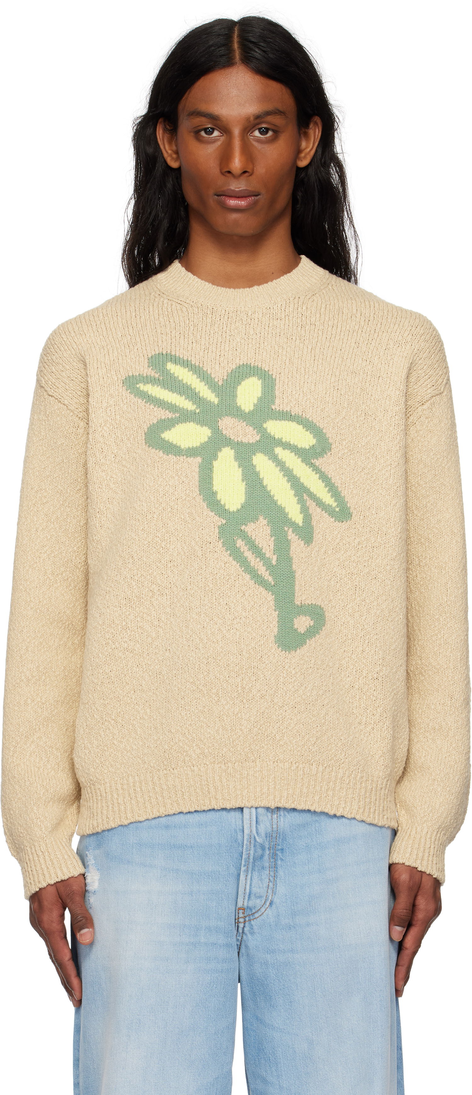 Pleteni pulover MAISON KITSUNÉ Maison Kitsuné Abstract Daisy Intarsia Sweater Bež | OM00811KT1138, 0