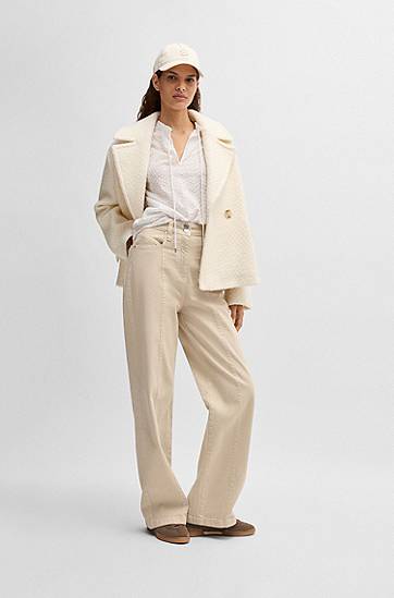 Hlače BOSS Wide-Leg Cotton-Blend Trousers with Stitching Bež | 50531036, 1