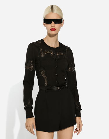 Pleteni pulover Dolce & Gabbana Lace-Trimmed Button-Up Cardigan Črna | FXV05TJEMO7N0000, 3
