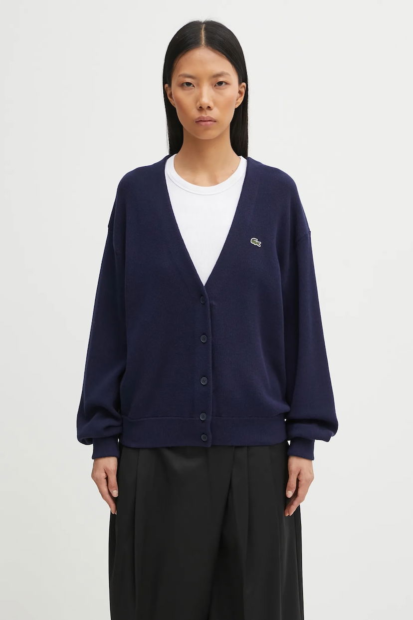 Pleteni pulover Lacoste V-Neck Button-Up Relaxed Fit Wool Blend Cardigan Mornarica | AF4143