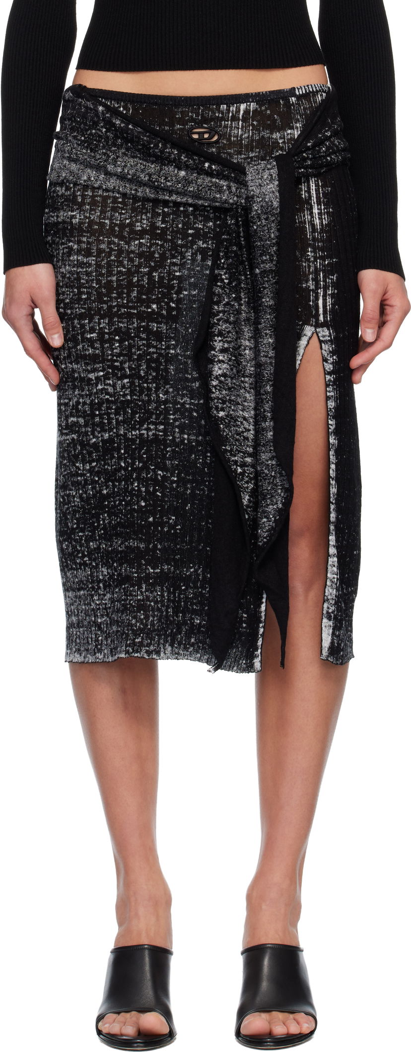 Krila Diesel M-Eganoid Marled Ribbed Draped Slit Midi Skirt Črna | A18865 0BJBR
