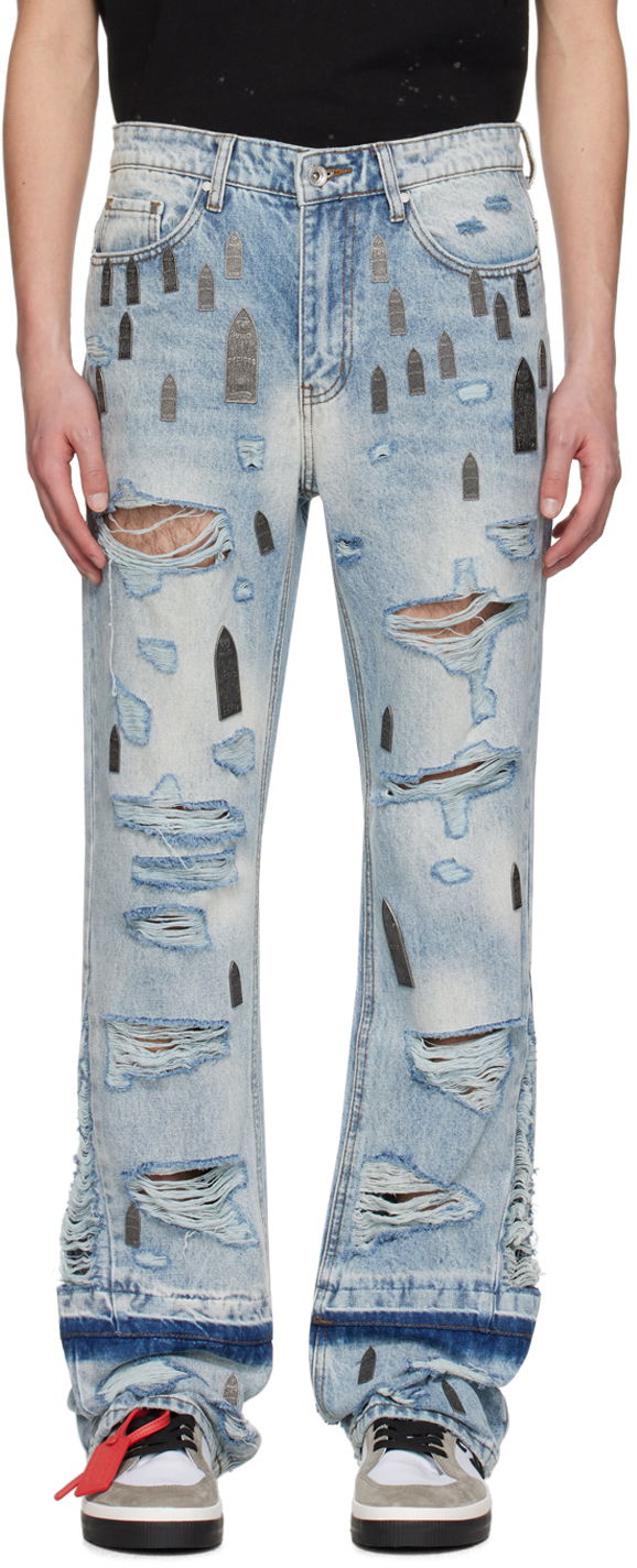 Kavbojke Who Decides War Amplified Gnarly Flared Jeans with Tombstone Appliqués Modra | 1120800008SS24