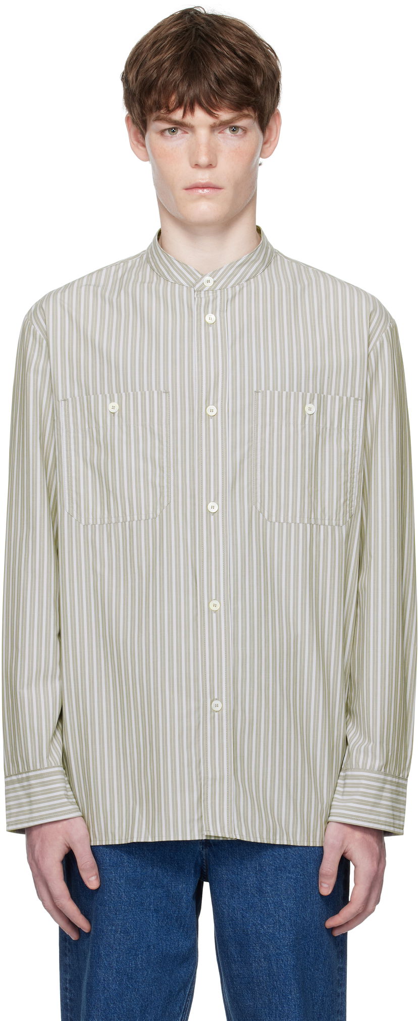 Srajce A.P.C. A.P.C. Theon Striped Band Collar Shirt Zelena | COHJJ-H12631