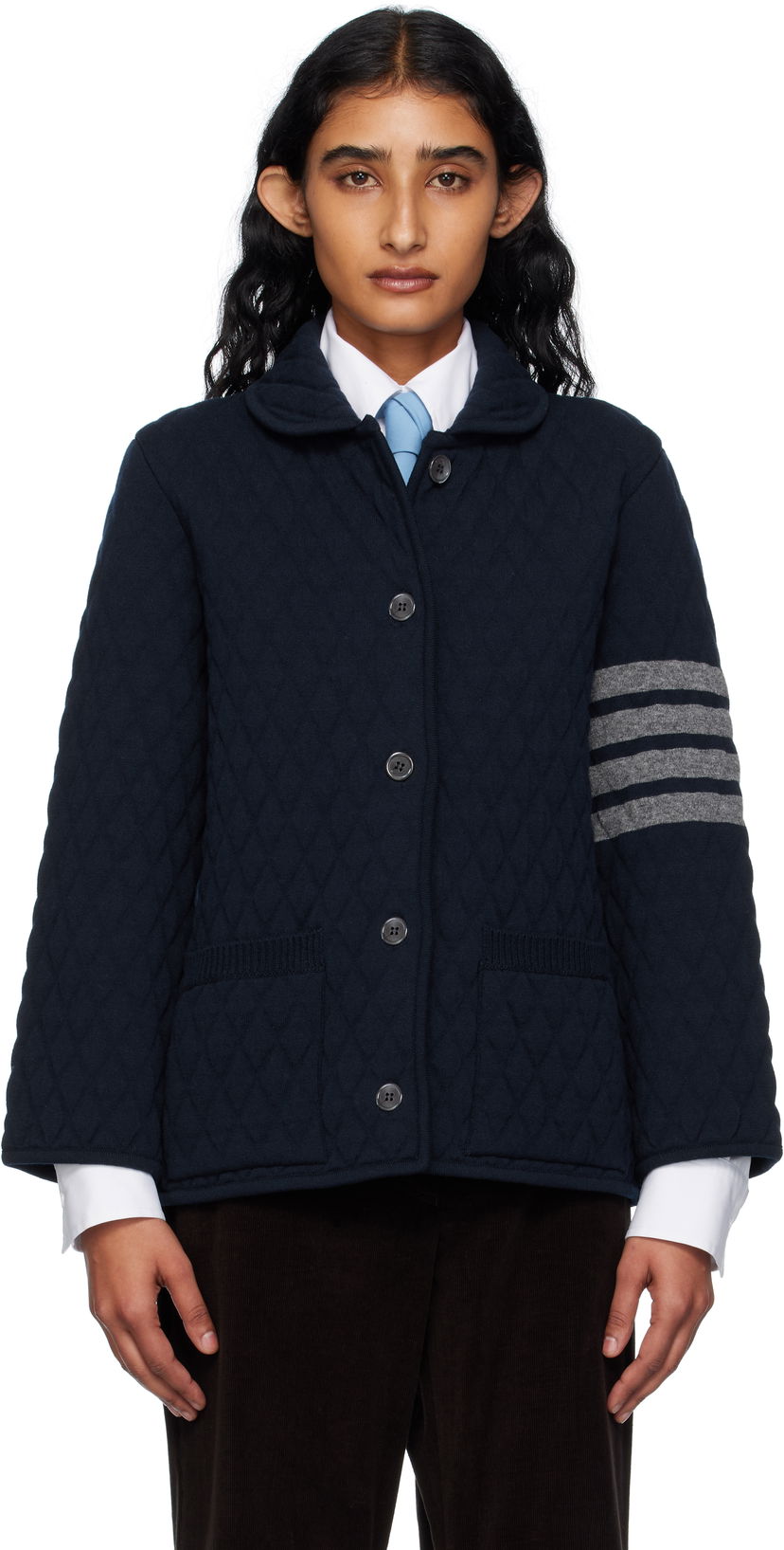 Jakna Thom Browne Thom Browne Quilted Knit Merino Wool 4-Bar Work Jacket Mornarica | FKJ117A-Y1029