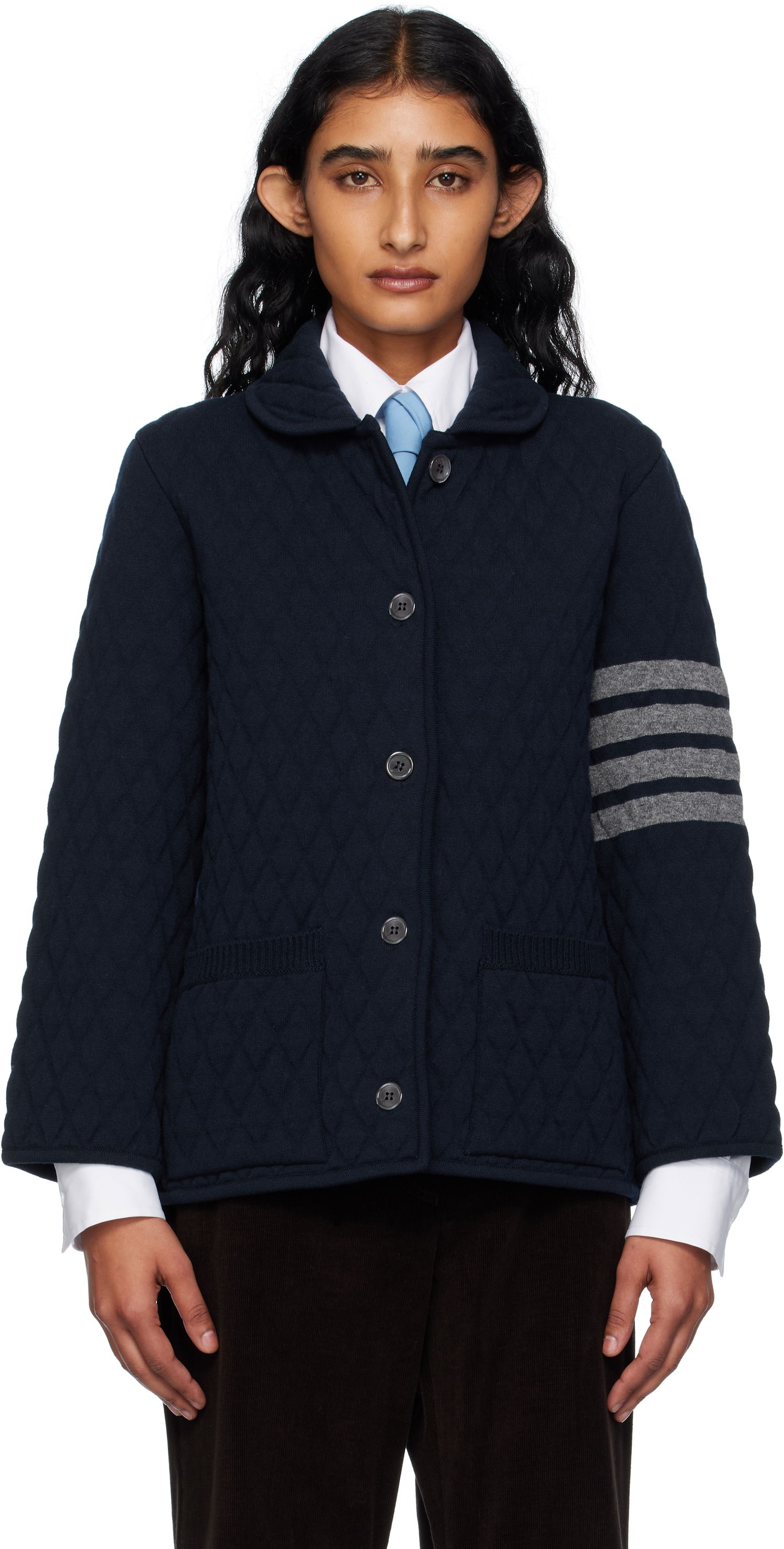Jakna Thom Browne Thom Browne Quilted Knit Merino Wool 4-Bar Work Jacket Mornarica | FKJ117A-Y1029, 0