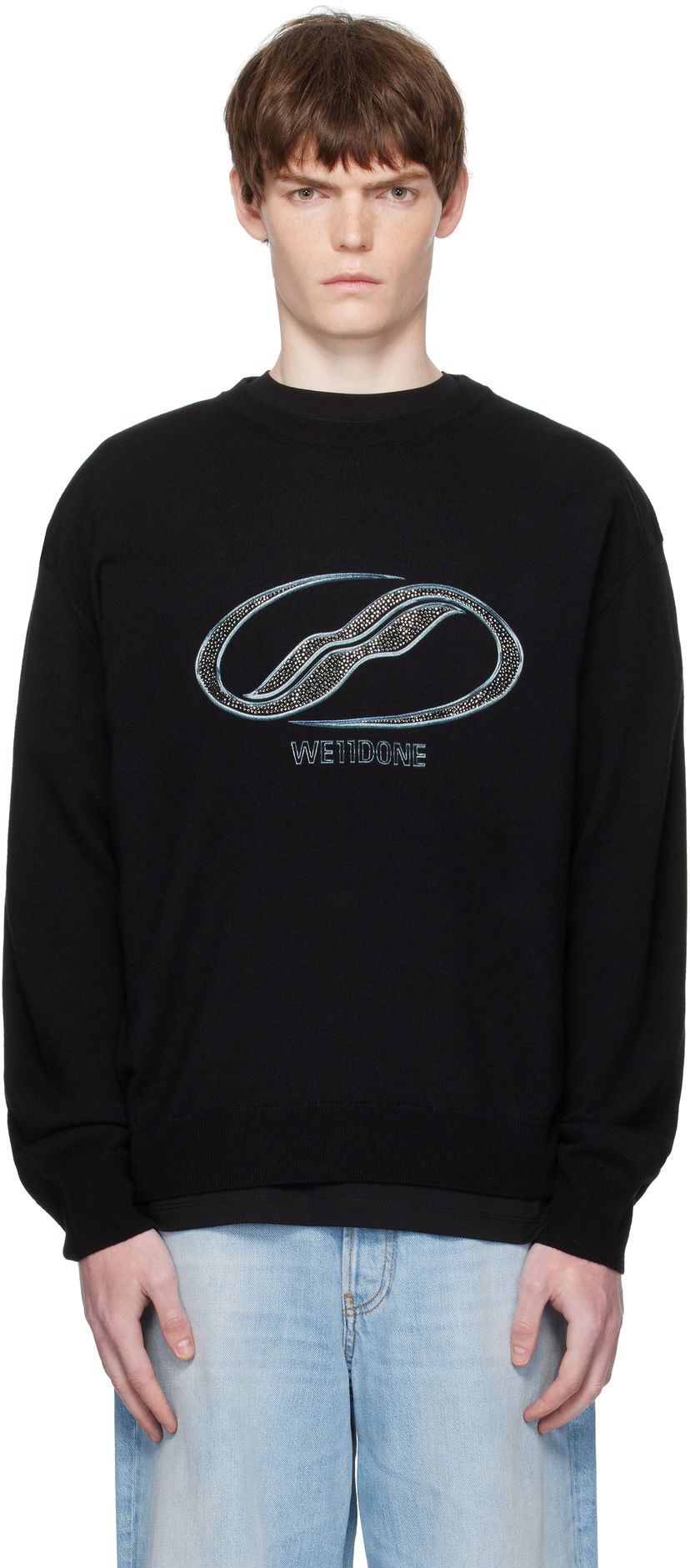 Pleteni pulover We11done We11done Logo Rhinestone Knit Pullover Črna | WD-KO2-25-652-U-BK