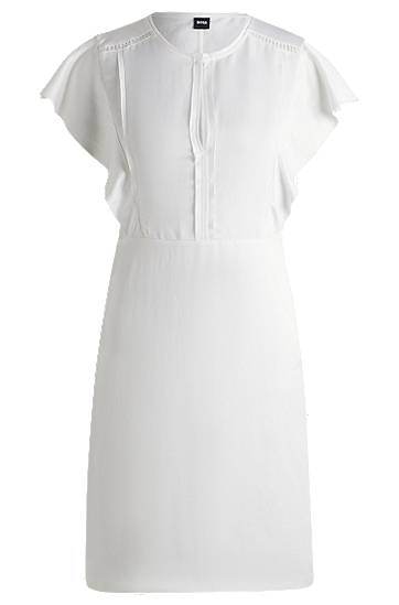 Obleke BOSS Frilled Sleeve Dress with Keyhole Neckline Bela | 50537402