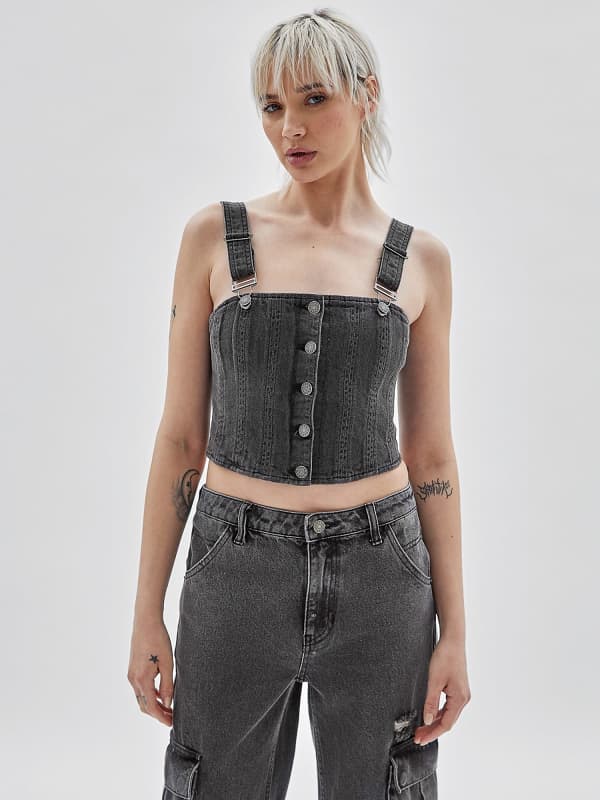 Krop-top GUESS Originals Front Buttons Denim Bustier Siva | W3YG25D4UO0, 0