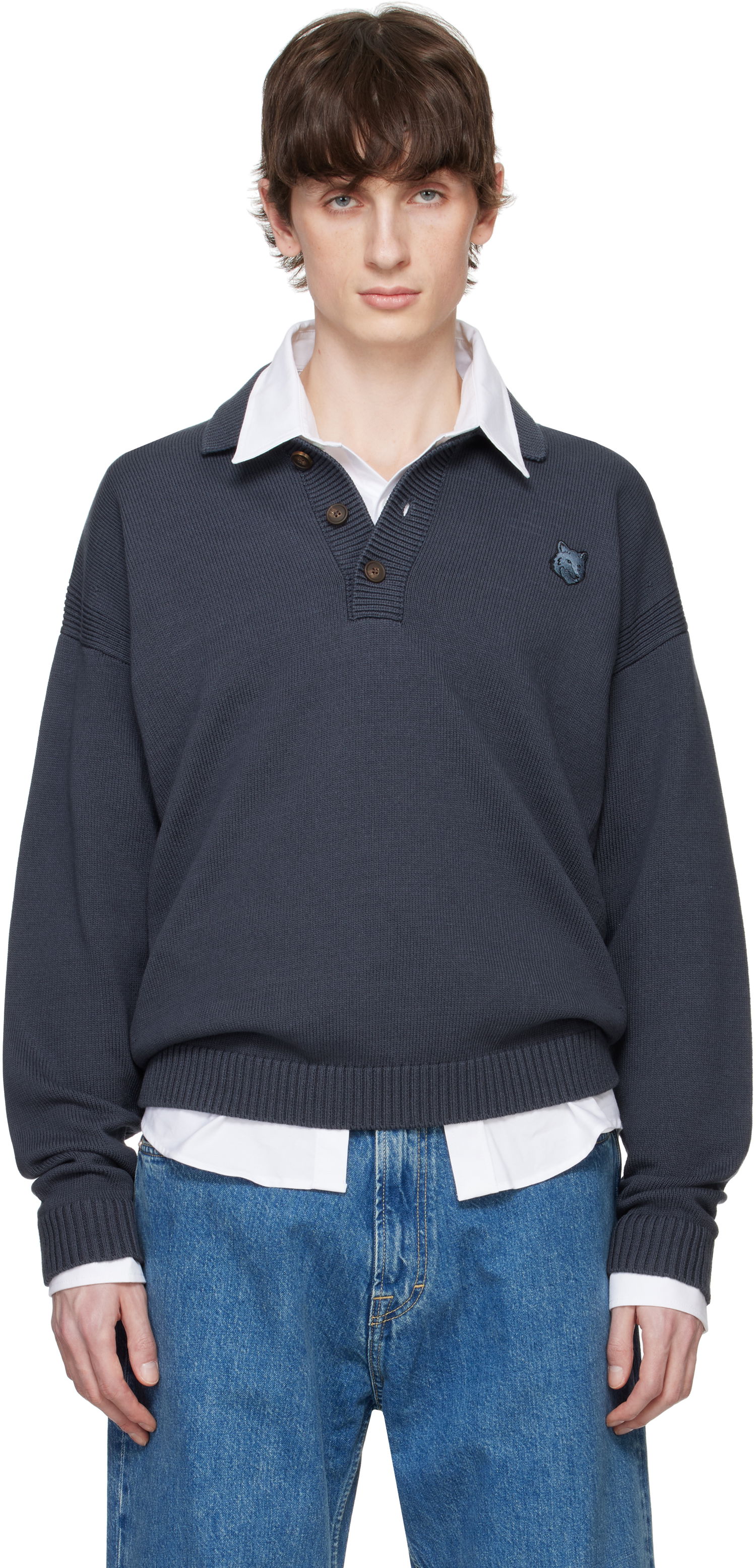 Pleteni pulover MAISON KITSUNÉ Maison Kitsuné Fox Head Patch Comfort Polo Siva | OM00202KT1099, 0