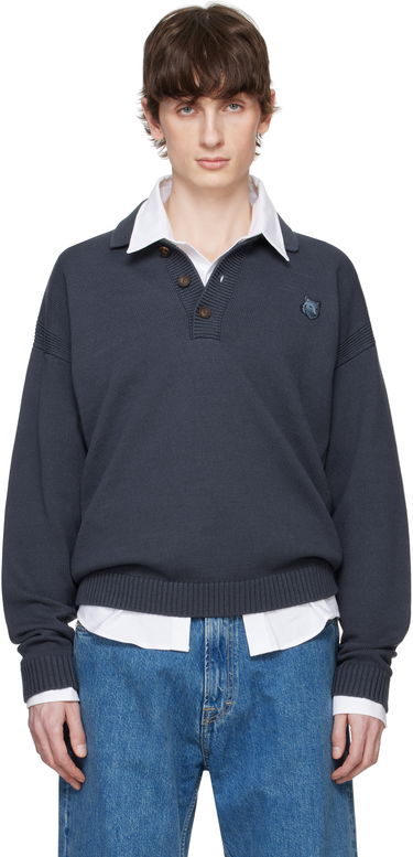 Pleteni pulover MAISON KITSUNÉ Maison Kitsuné Fox Head Patch Comfort Polo Siva | OM00202KT1099, 0