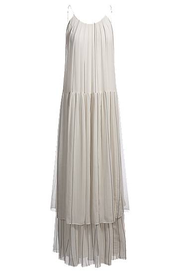 Obleke BOSS Tiered Striped Silk Dress Bela | 50535154