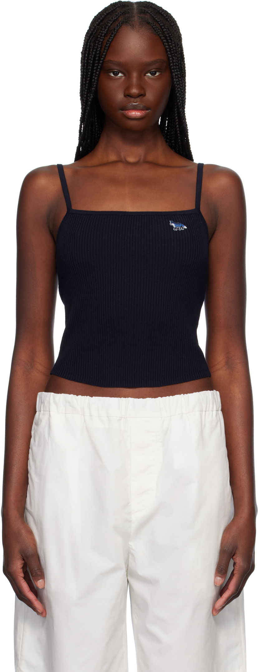 Majica brez rokavov MAISON KITSUNÉ Maison Kitsuné Baby Fox Patch Fine Rib Cropped Camisole Mornarica | OW00601KT1091