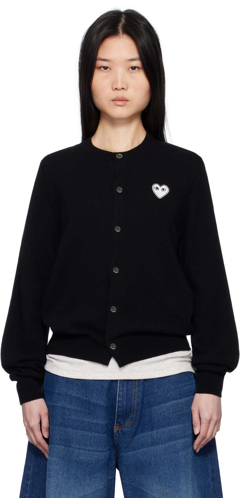 Pleteni pulover Comme des Garçons Black Cardigan With White Heart Črna | AX-N061-051