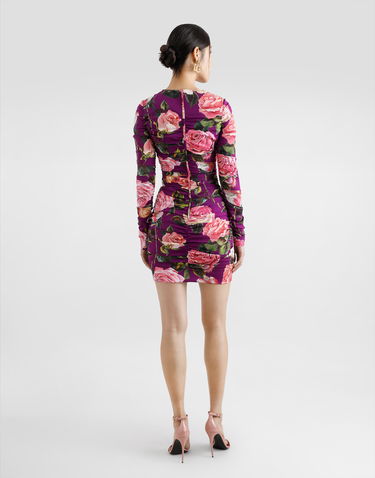 Obleke Dolce & Gabbana Dolce & Gabbana Charmeuse Rose Print Sheath Mini Dress with Draping Lila | F6TLTTFSA7AHP5IG, 2