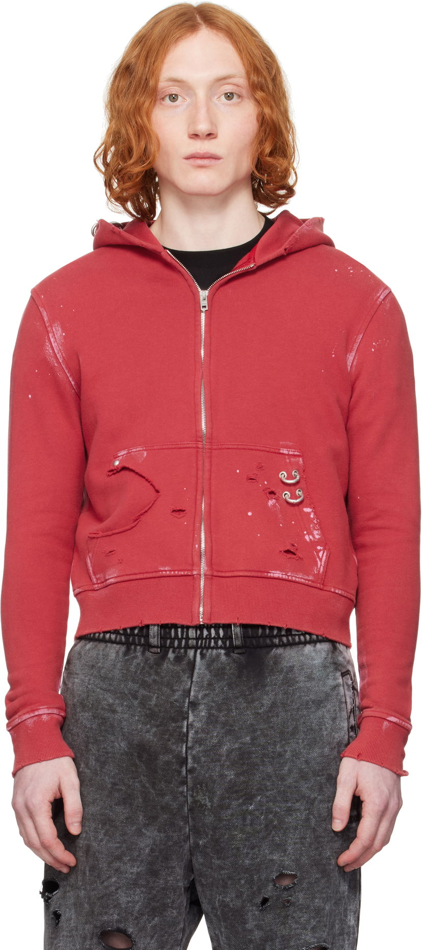 Pulover We11done We11done Pierced Zip-Up Hoodie Rdeča | WD-TJ0-25-821-U-RD