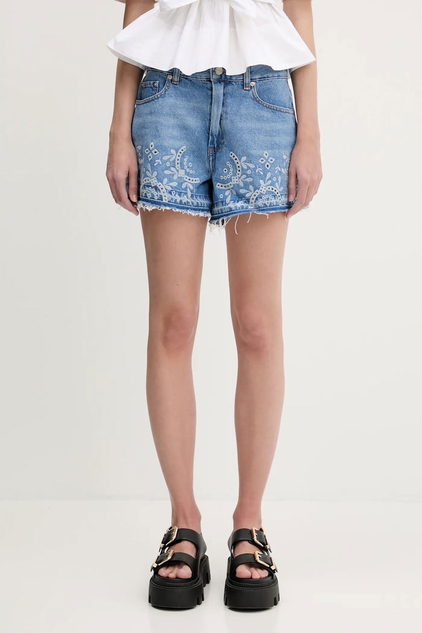 Kratke hlače GANNI GANNI Broderie Anglaise High-Waist Denim Shorts Modra | J1678
