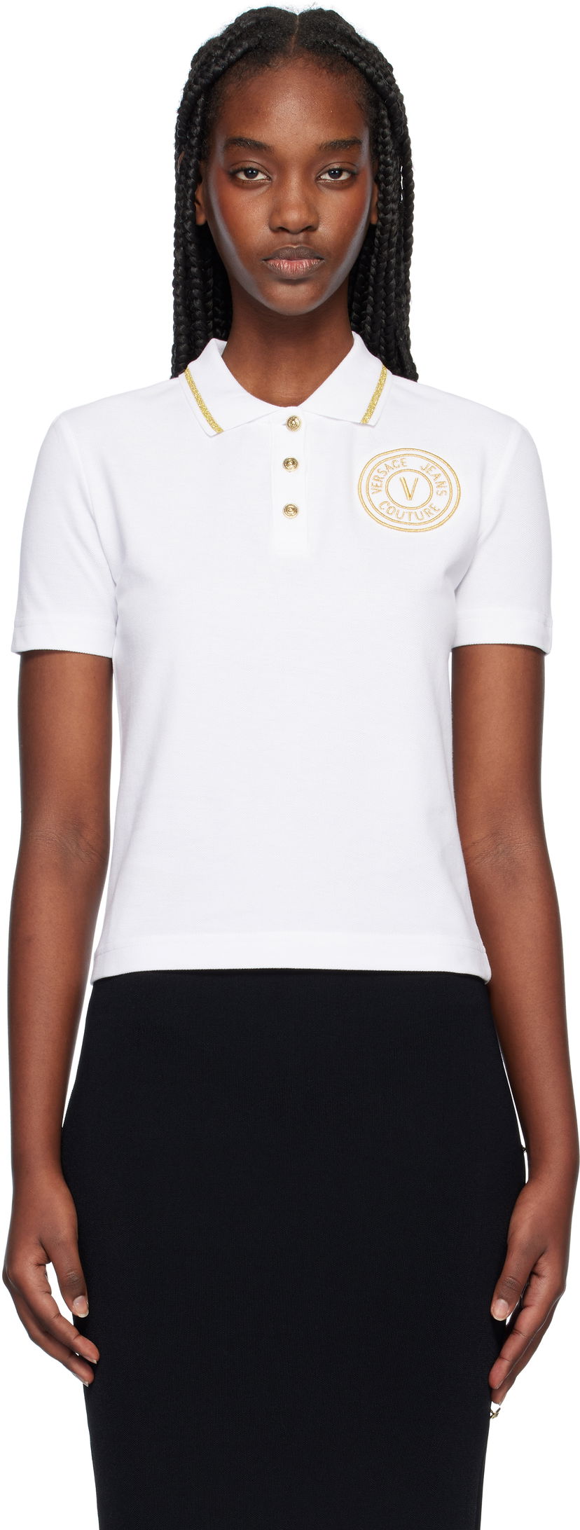 Polo majica Versace White Cropped Polo with Gold Emblem Bela | E77HAGT00_ECJ01T