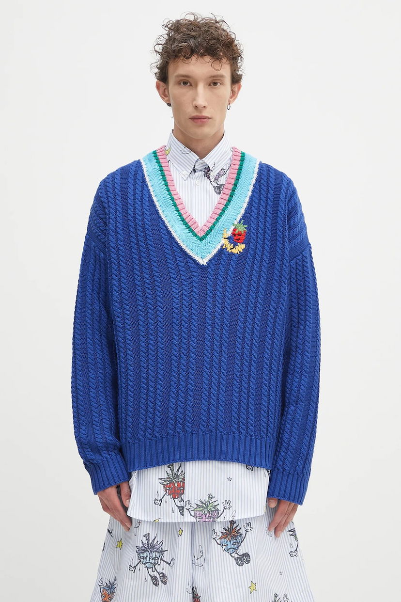 Pleteni pulover Sky High Farm Sky High Farm Cableknit V-Neck Sweater Modra | SHF07N007