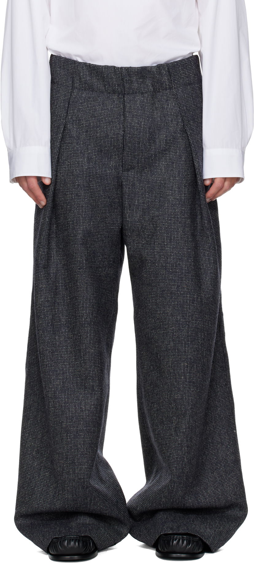 Hlače Dries Van Noten Pleated Wide-Leg Wool Trousers with Textured Weave Siva | 252-020907-2194