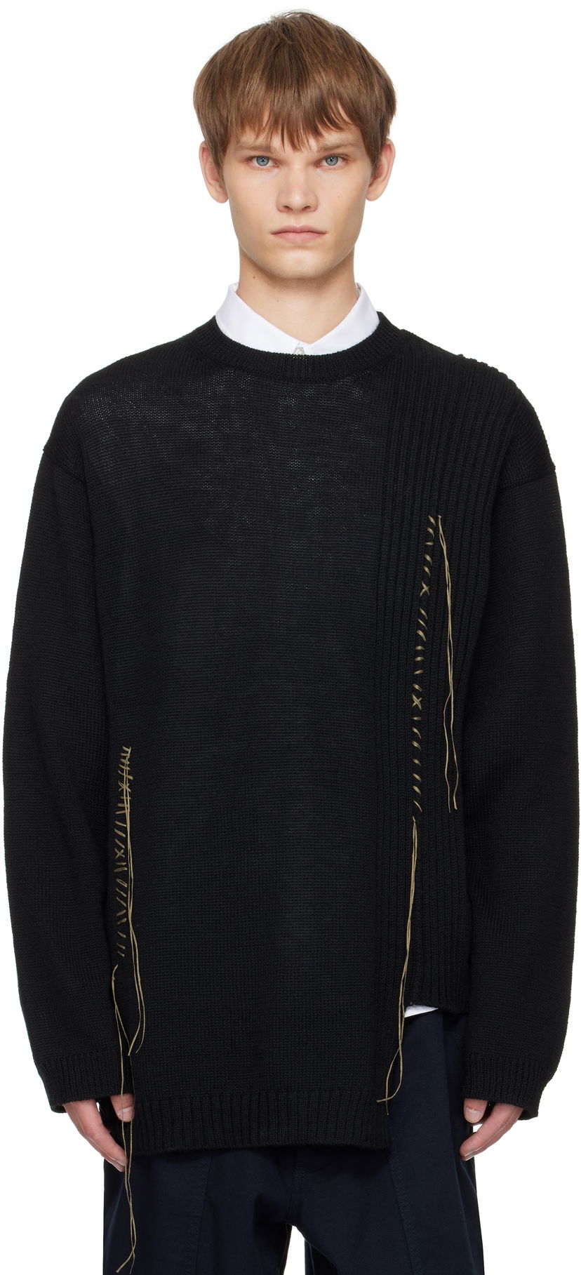 Pleteni pulover Yohji Yamamoto YOHJI YAMAMOTO Round Neck Stitch Detail Sweater Črna | HL-K25-196