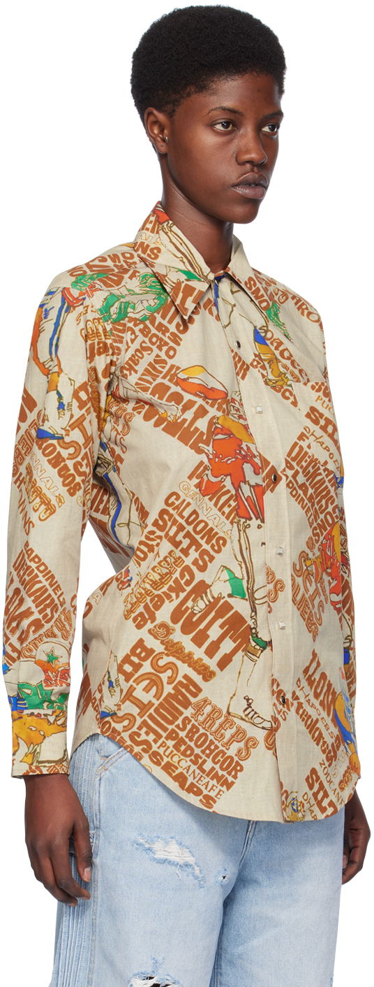 Srajce ERL Brown Graphic-Print Cotton Button-Up Shirt Bež | ERL07B006, 1