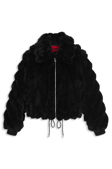 Jakna BOSS Cropped Faux-Fur Jacket with Adjustable Drawstring Hem and Full Zip Črna | 50546815, 0