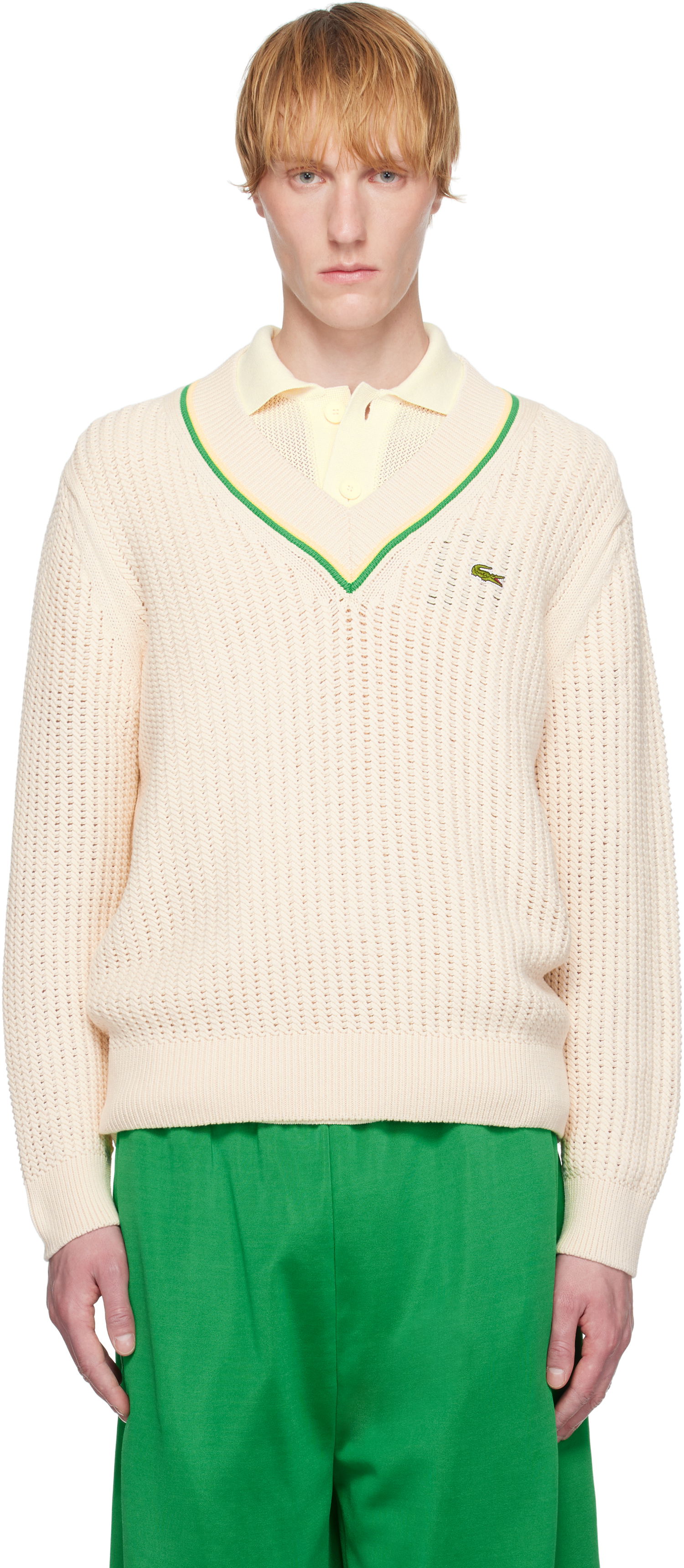 Pleteni pulover Lacoste Lacoste V-Neck Striped Tennis Sweater Bež | AH9303_GIH, 0